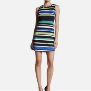 Vince Camuto Women Rhinestone Neck Striped Stretchy Dress sz 10